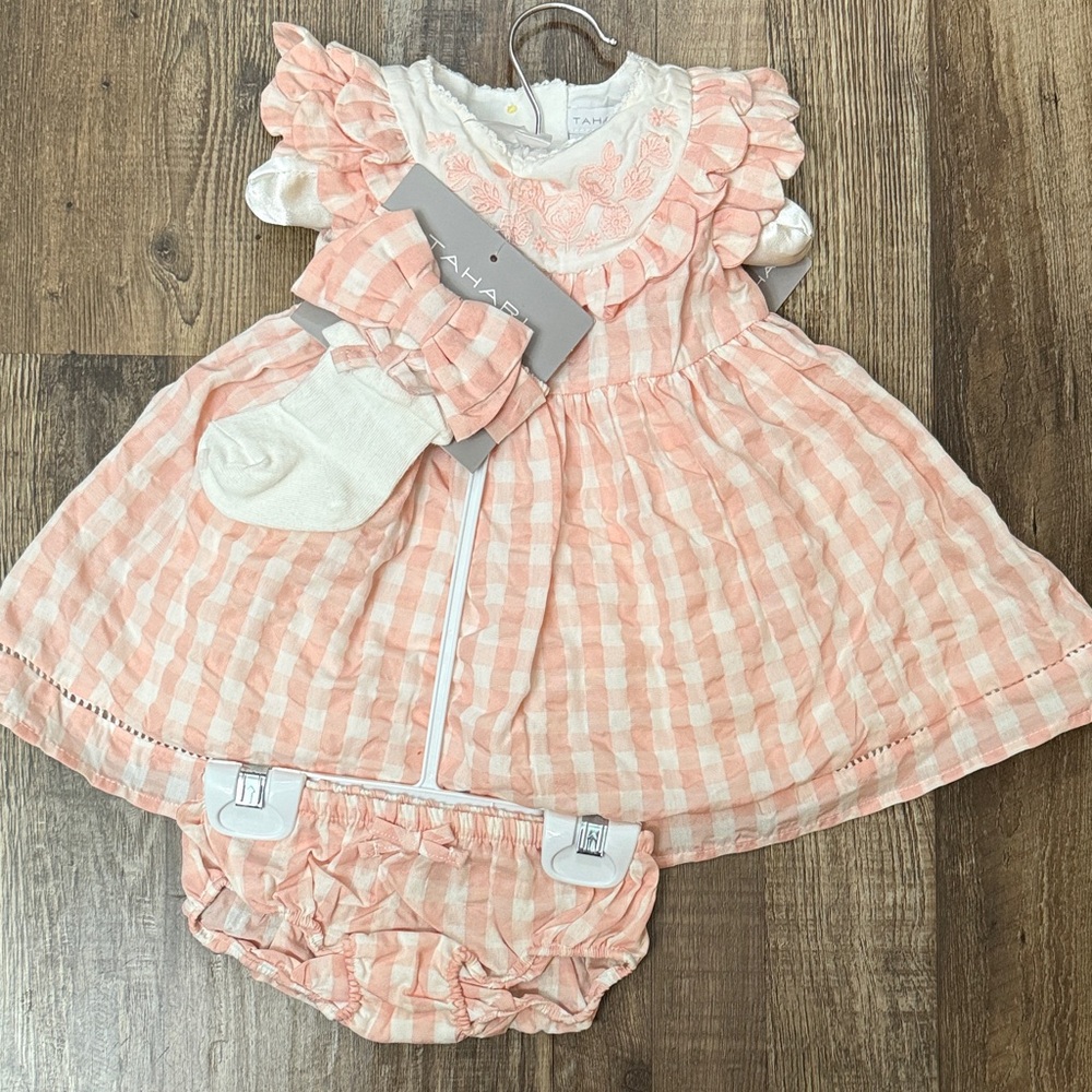 Easter Dress-Tahari Pink Gingham Dress/Bow/Socks/Bloomer Set